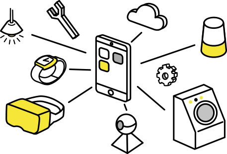 スマートフォンを中心にクラウドサービス、照明、時計、VR技術、カメラ、洗濯機がネットワーク上で繋がっているイラスト