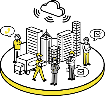 電話、メール、配送、警備、検索のクラウドサービスを利用する人々のイラスト